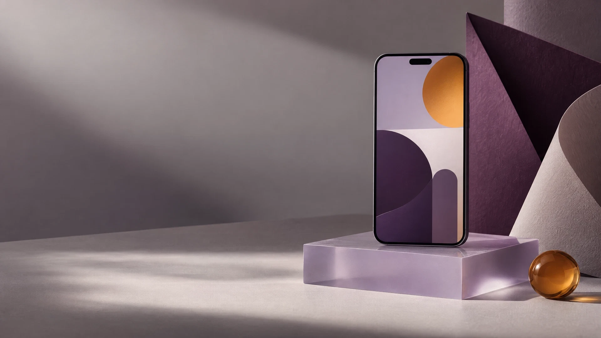 Unbranded smartphone prototype on a lilac studio plinth with abstract screen shapes