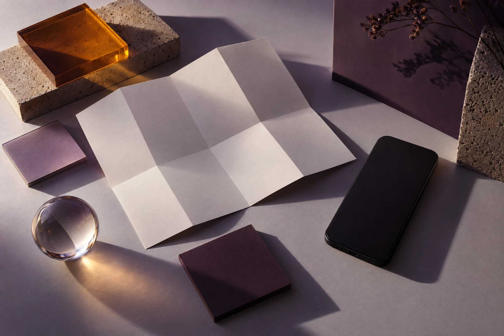 Abstract product color tiles and unbranded phone prototype on a grey surface
