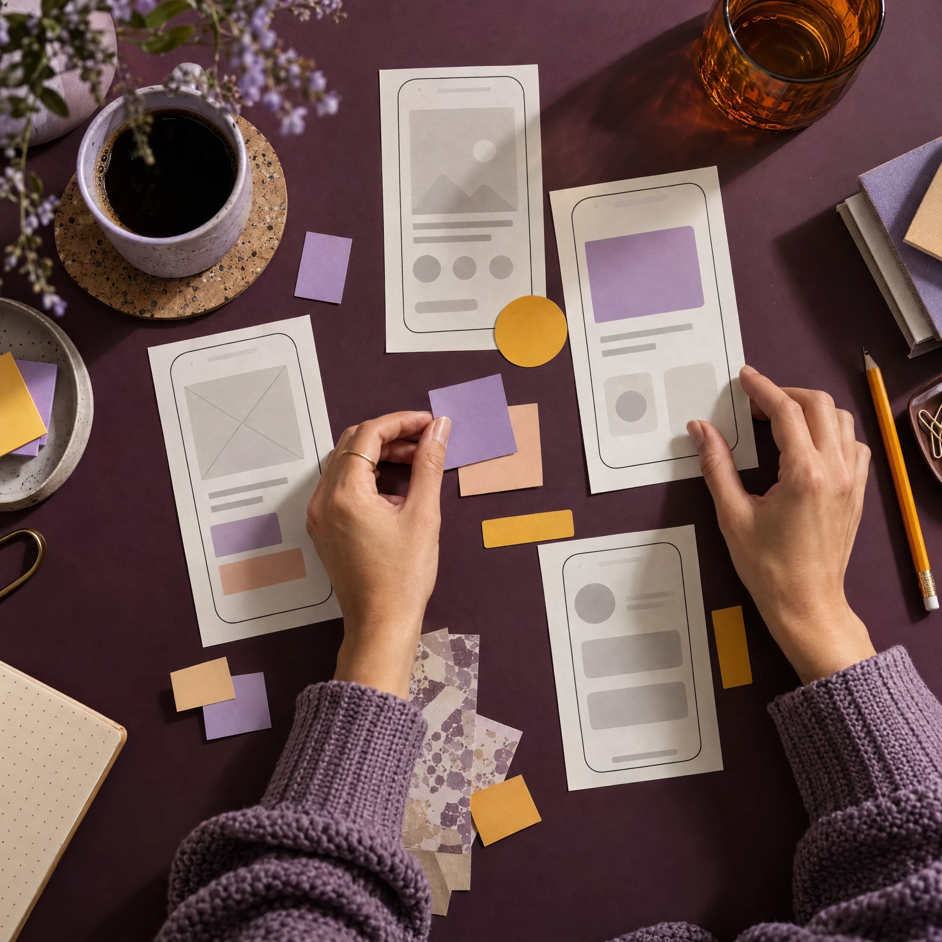 Designer arranging abstract mobile screen sketches on a plum desk