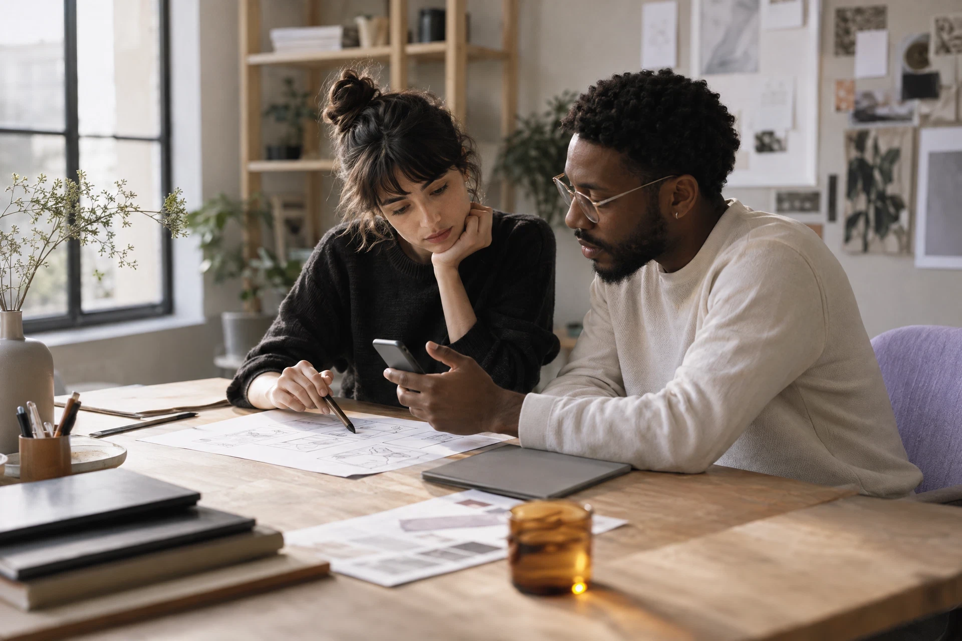 Two collaborators discussing a phone prototype and storyboard