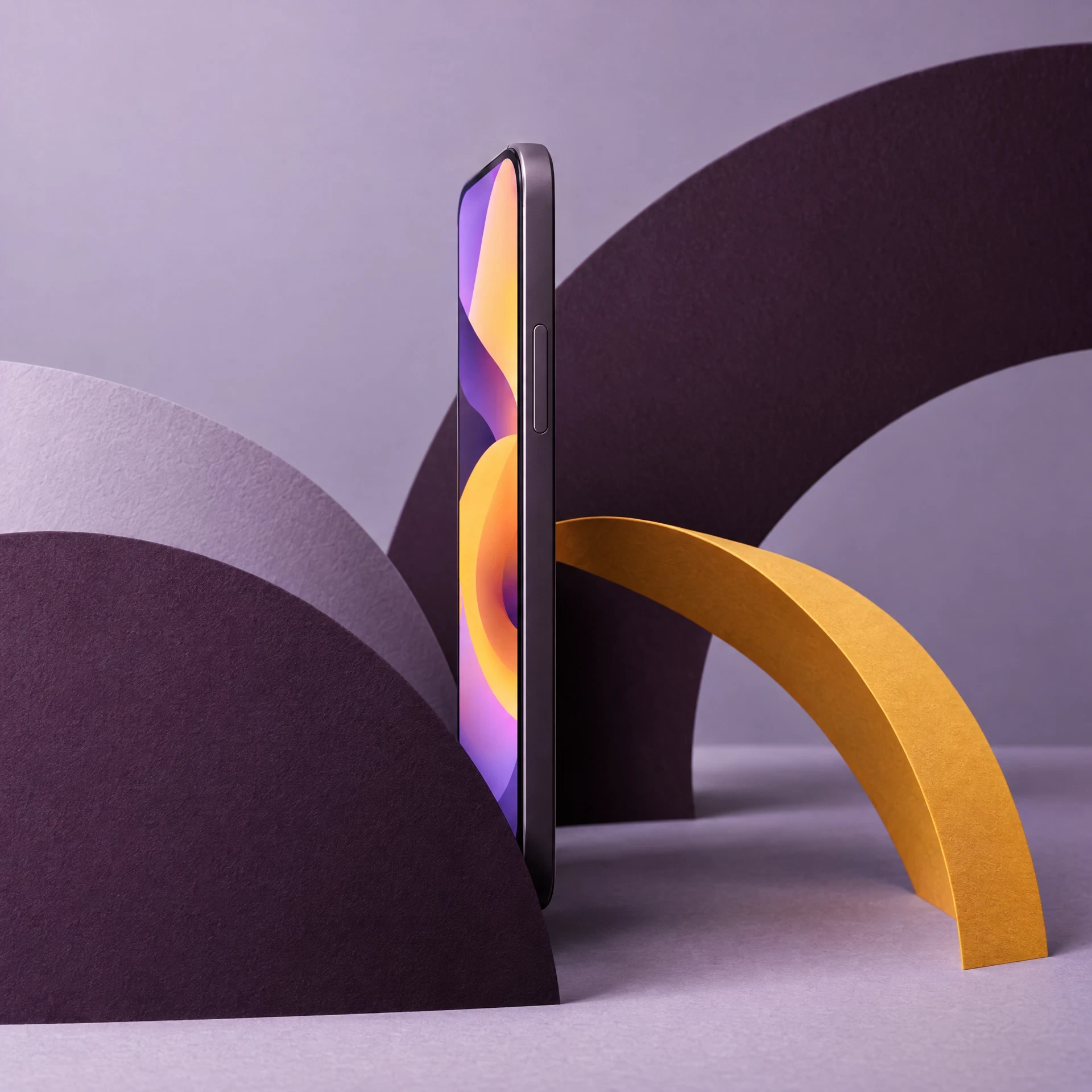 Abstract unbranded smartphone prototype among cut paper arcs