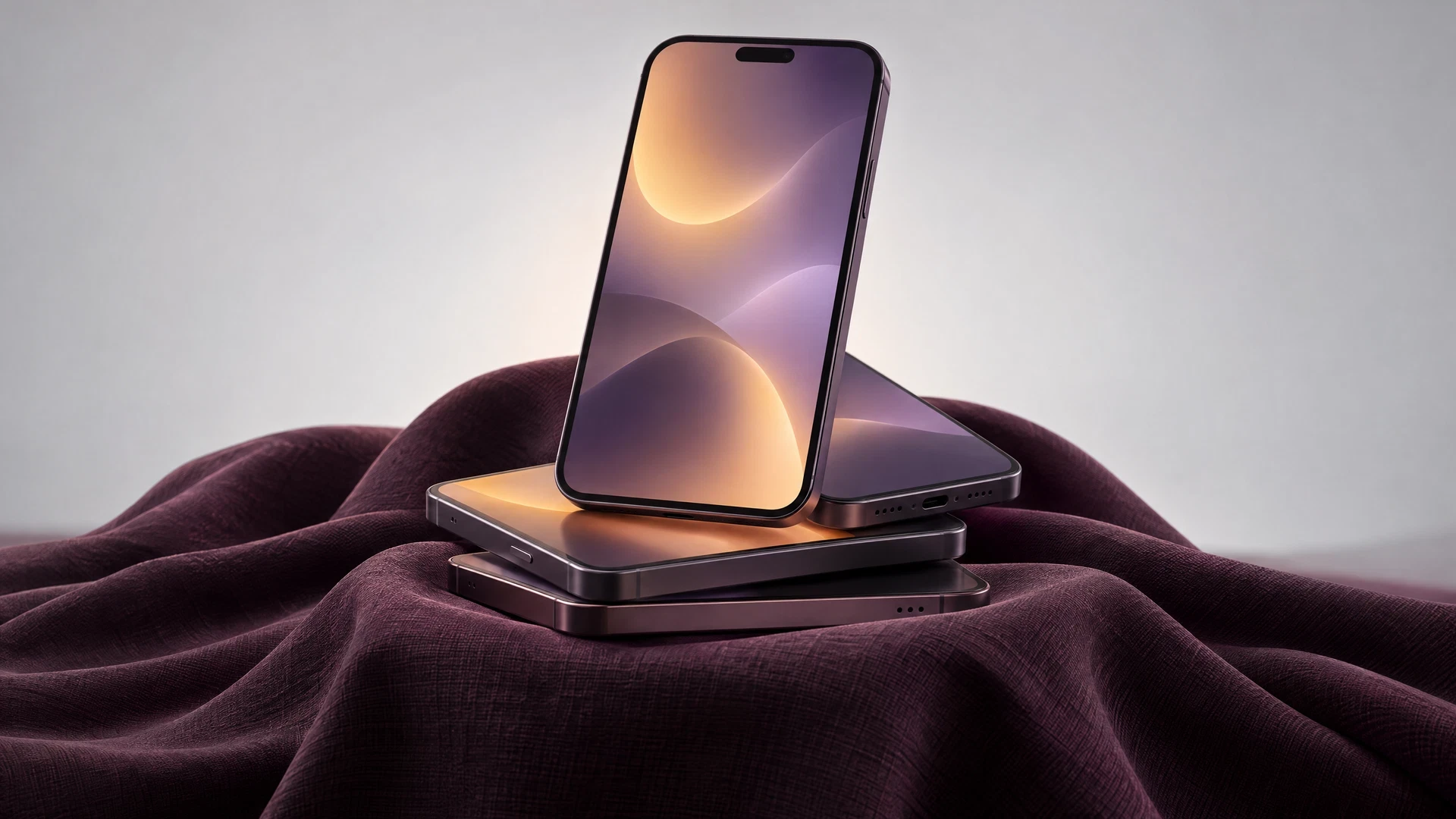 Stack of unbranded mobile prototypes with abstract glowing screens