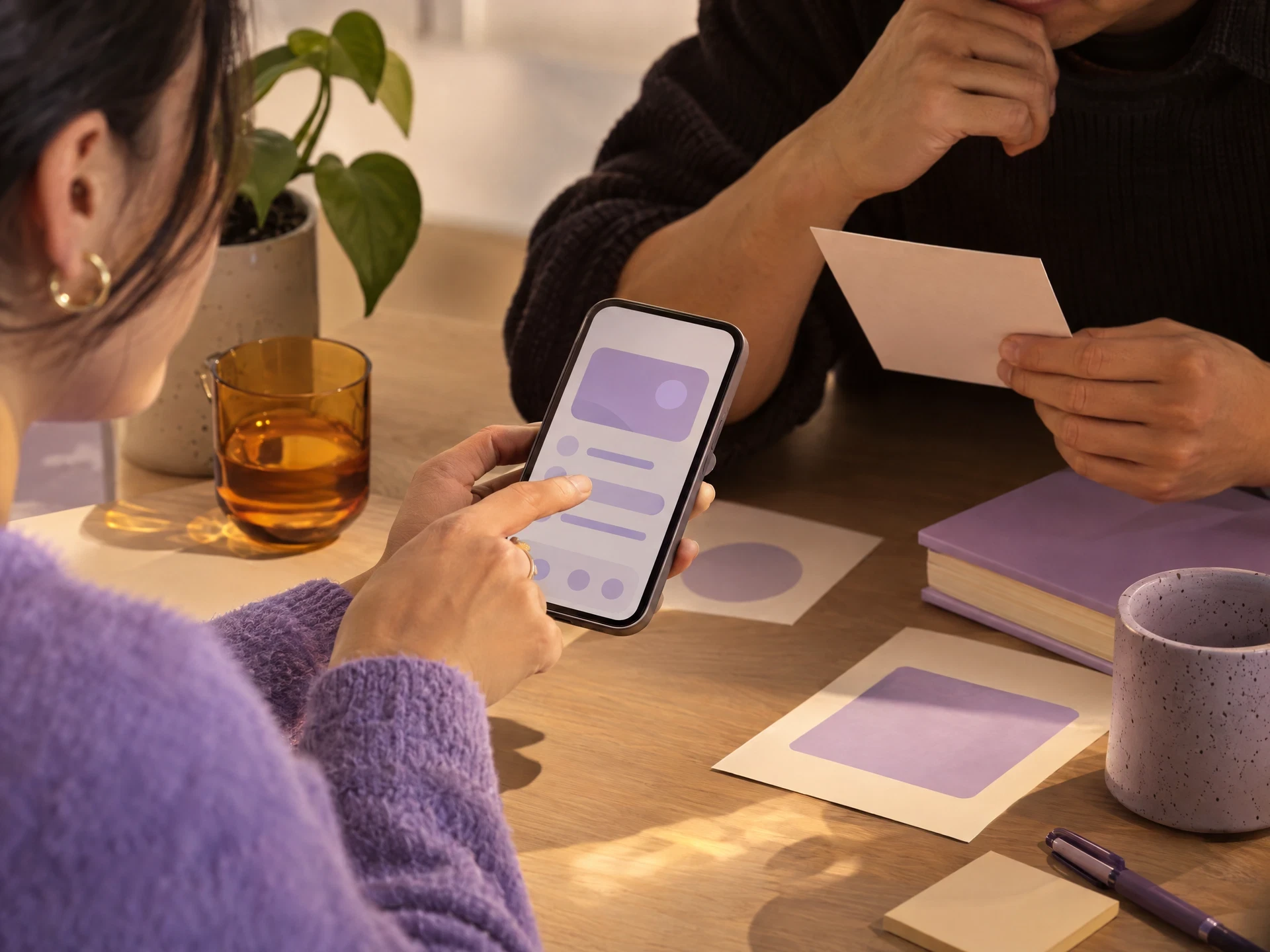 Person tapping an abstract phone prototype while a collaborator observes